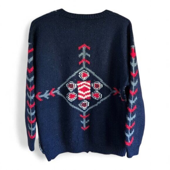 Vintage Jayson Younger Large Americana Wool Knit Cardigan Sweater Red White Blue - Picture 4 of 5